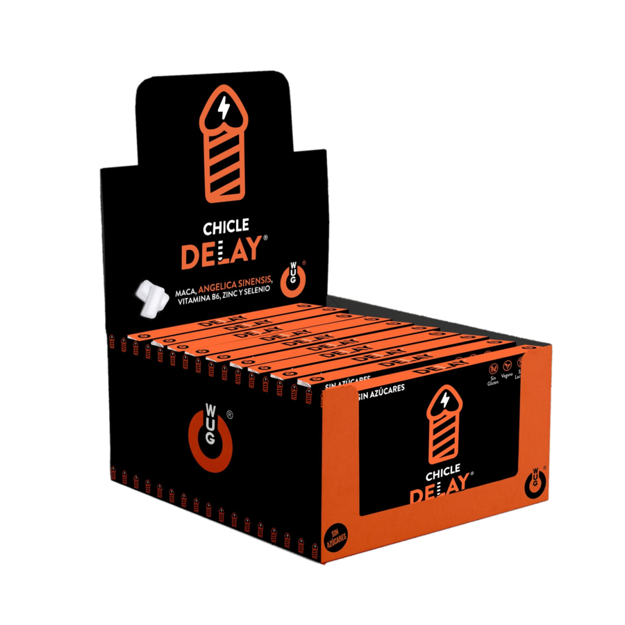 WUG DELAY – DISPLAY 12 X 8 UDS | Chicle funcional con Zinc, Selenio y Vitamina B6 para mayor control y resistencia en los momentos íntimos
